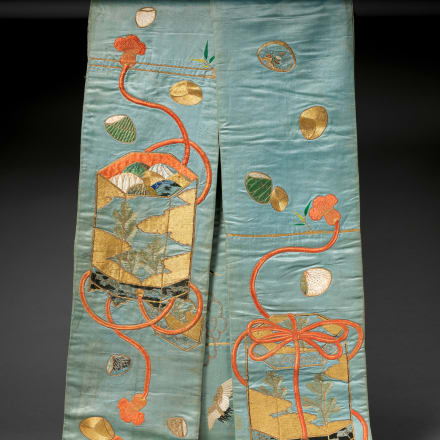 Obi (kakeshita-obi) with shell-matching game boxes. Edo period (1615–1868), late 18th century. Satin-weave silk with silk embroidery and couched gold thread. 10 in. x 12 ft. 6 in. (25.4 x 381 cm). John C. Weber Collection. Image © The Metropolitan Museum 
