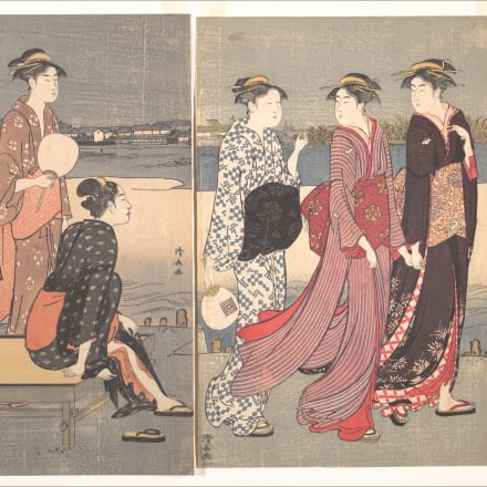 Torii Kiyonaga (Japanese, 1752–1815). Enjoying the evening cool on the banks of the Sumida River. Edo period (1615– 1868), ca. 1784. Diptych of woodblock prints (nishiki-e); ink and color on paper. Dimensions: A: H. 15 in. (38.1 cm); W. 10 in. (25.4 cm). 
