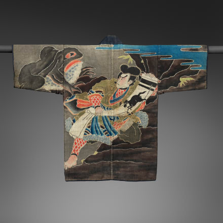 Fireman’s jacket (hikeshi-banten) with Shogun Tarō Yoshikado. Edo period (1615–1868), mid-19th century. Quilted cotton with tube-drawn paste-resist dyeing (tsutsugaki) with hand-painted details. 36 x 49 in. (91.4 x 124.5 cm). John C. Weber Collection. Ima