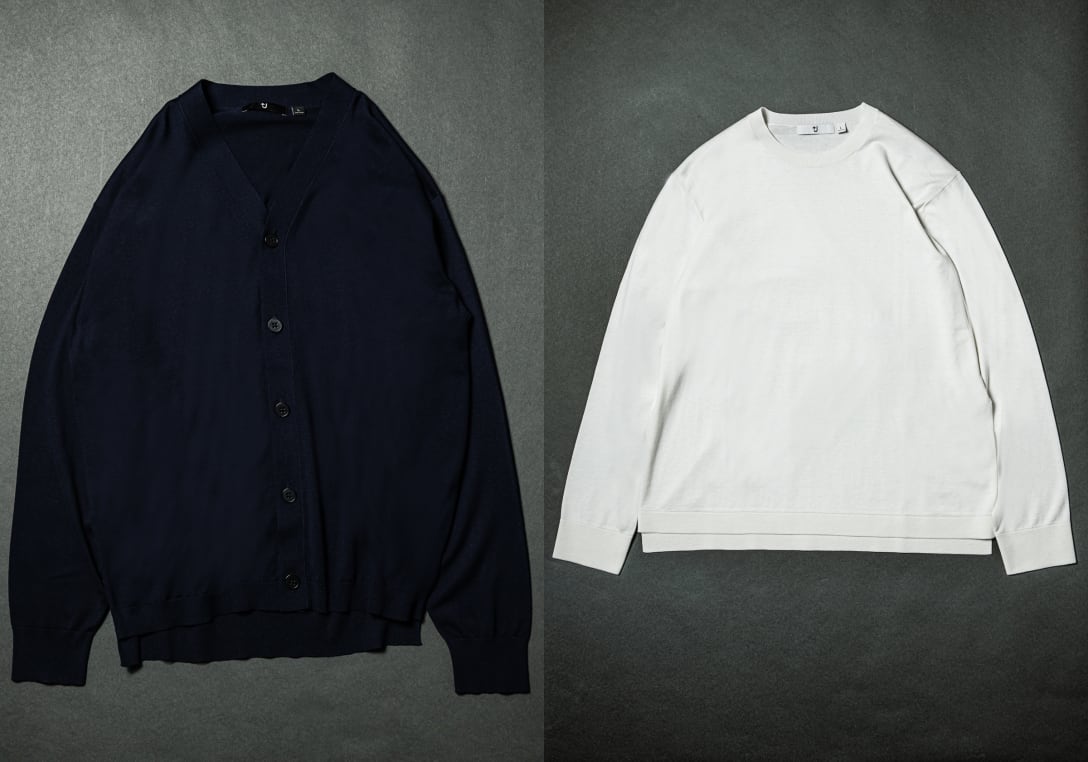 （左から）シルクコットンVネックカーディガン（6990円）、シルクコットンクルーネックセーター（5990円）