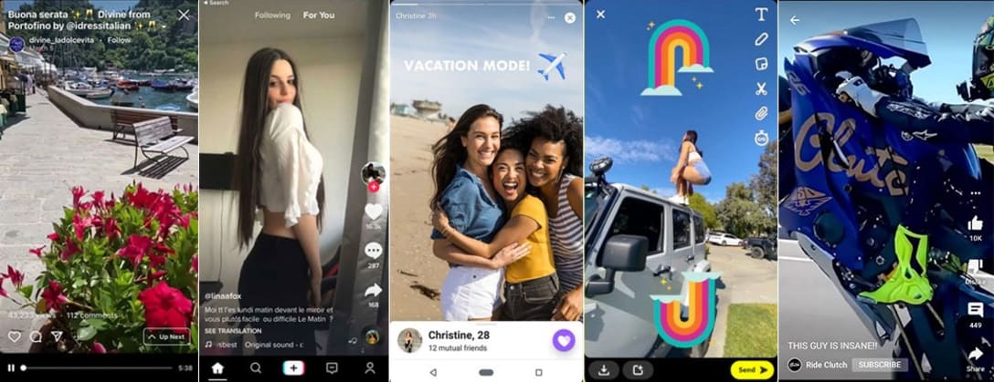 ヤコブの法則を活用するSNSのUI: 左から, インスタ, TickTok, Facebook Story, Snap, YouTube