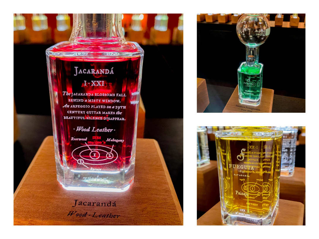 （左）ボトルにも1-トニック、2-ドミナント、3-サブドミナントの香料が記されている／（右上）着色料は使っておらず、すべて香料本来の色／（右下）ボトル下にもシリアルナンバーを記載