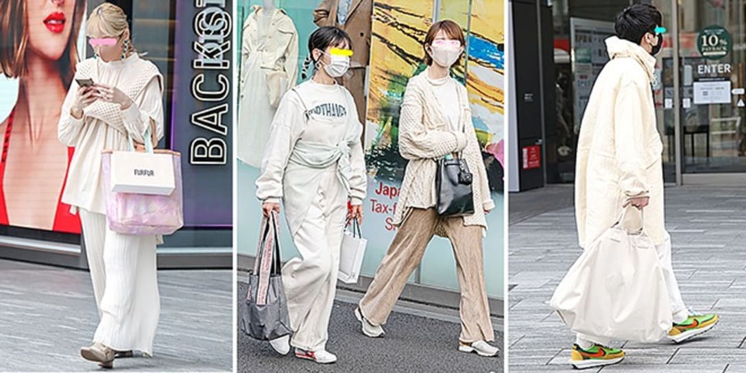 (写真左から)とにかく白・オフホワイトで全身をまとめたコーディネートが多かった。デザインに特徴のあるアイテムをレイヤードでアレンジしているのも特徴。ヘアカラーもハイトーンで一体感をもたらしているのがポイント(渋谷)/ペールトーンや茶ベージュ系も継続して人気。より淡く白っぽいコーディネートが目立った(原宿)/全身白・オフホワイトのコーディネートにプレイフルなナイキのスニーカーが効いている。ミニマムではない、ボリューム感をあわせた白の着こなしが旬だ(渋谷)。