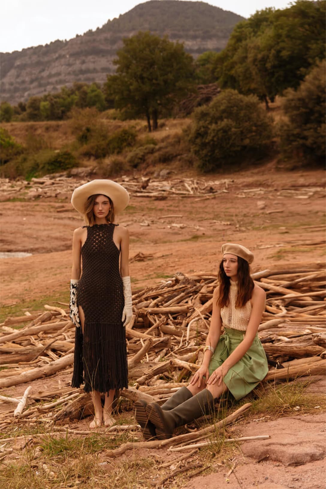 left - dress by ALVARO CALAFAT, hat by LUCIA CANO BY BRAVA, earrings and necklace by MYRIAM MORENO, gloves by GEMMA GASIONright - top by MARTA CASAL, shorts by LORENZO MARTÍNEZ, boots by STRADIVARIUS, hat by CACHETOI, earrings by PDPAOLA, bracelet by FERNANDO RODRIGUEZ