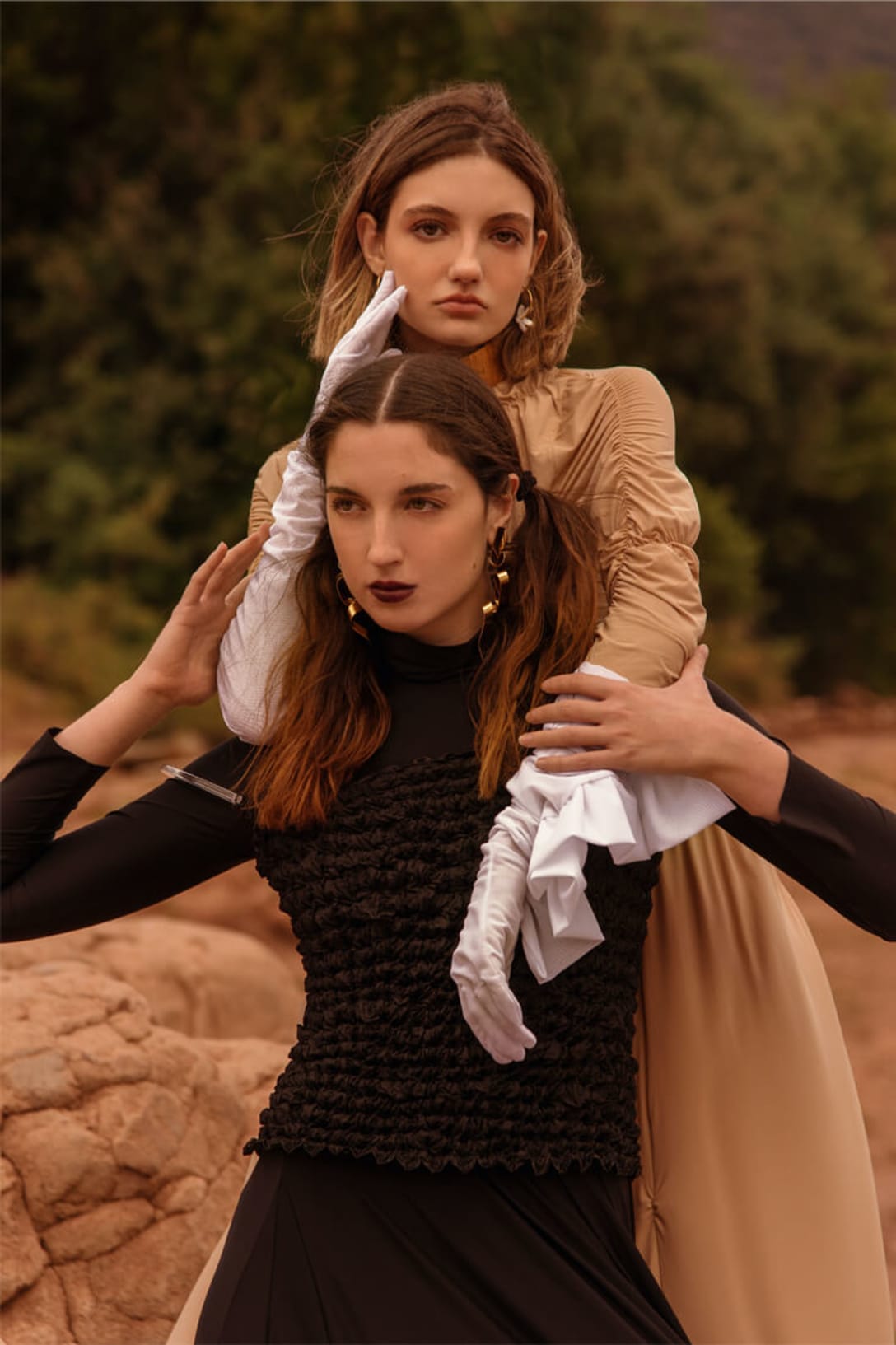left - dress by GEORGIELA STUDIO, necklace by THALATHA, earrings by MITUMI, gloves by THE ARTHELIERdress by GEORGIELA STUDIO, shoes by NATJAT, earrings by FERNANDO RODRIGUEZ