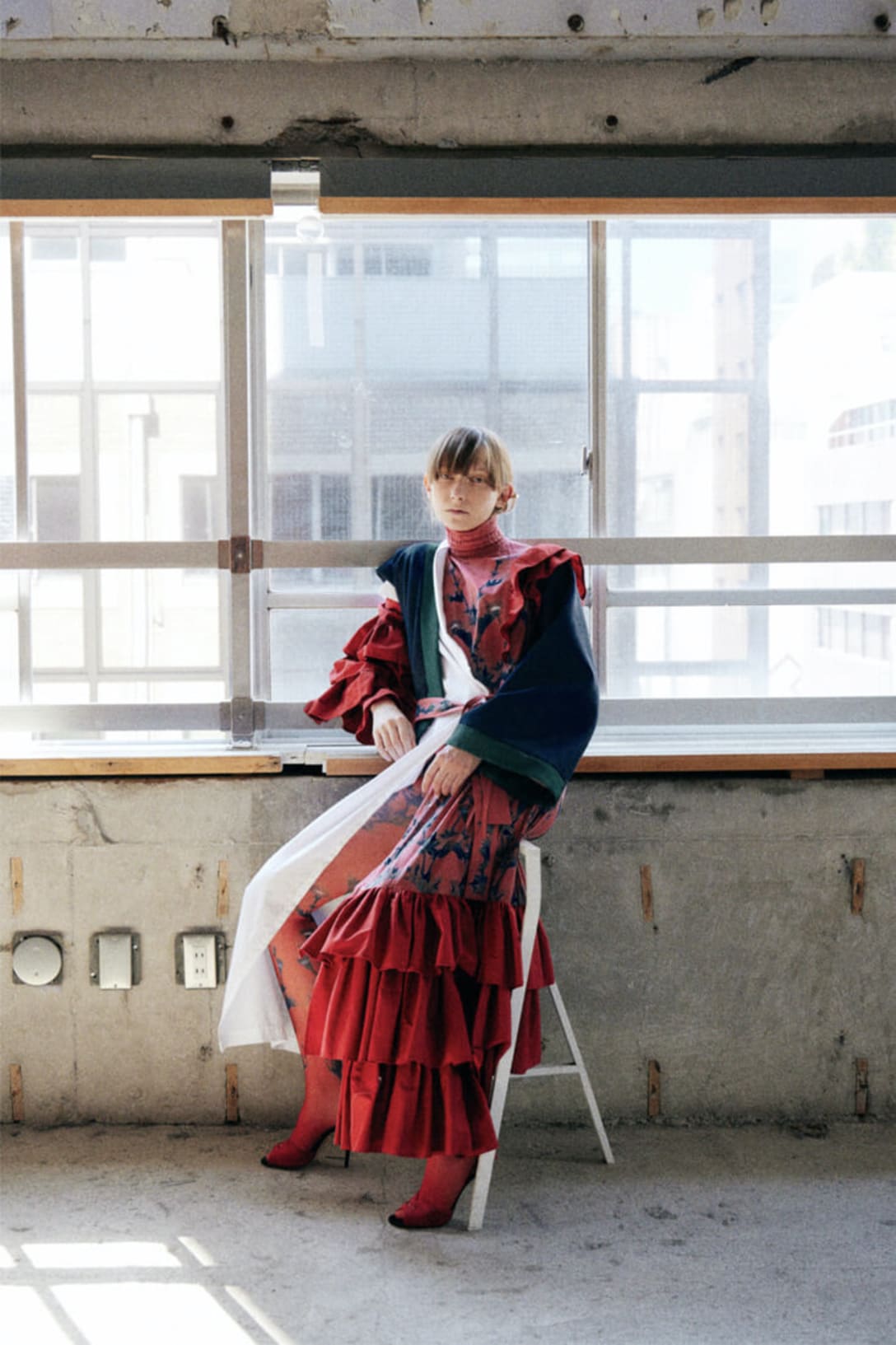 dress and tights by ATSUSHI NAKASHIMA, shoes by CHARLOTTE OLYMPIA, earrings by JOUETE