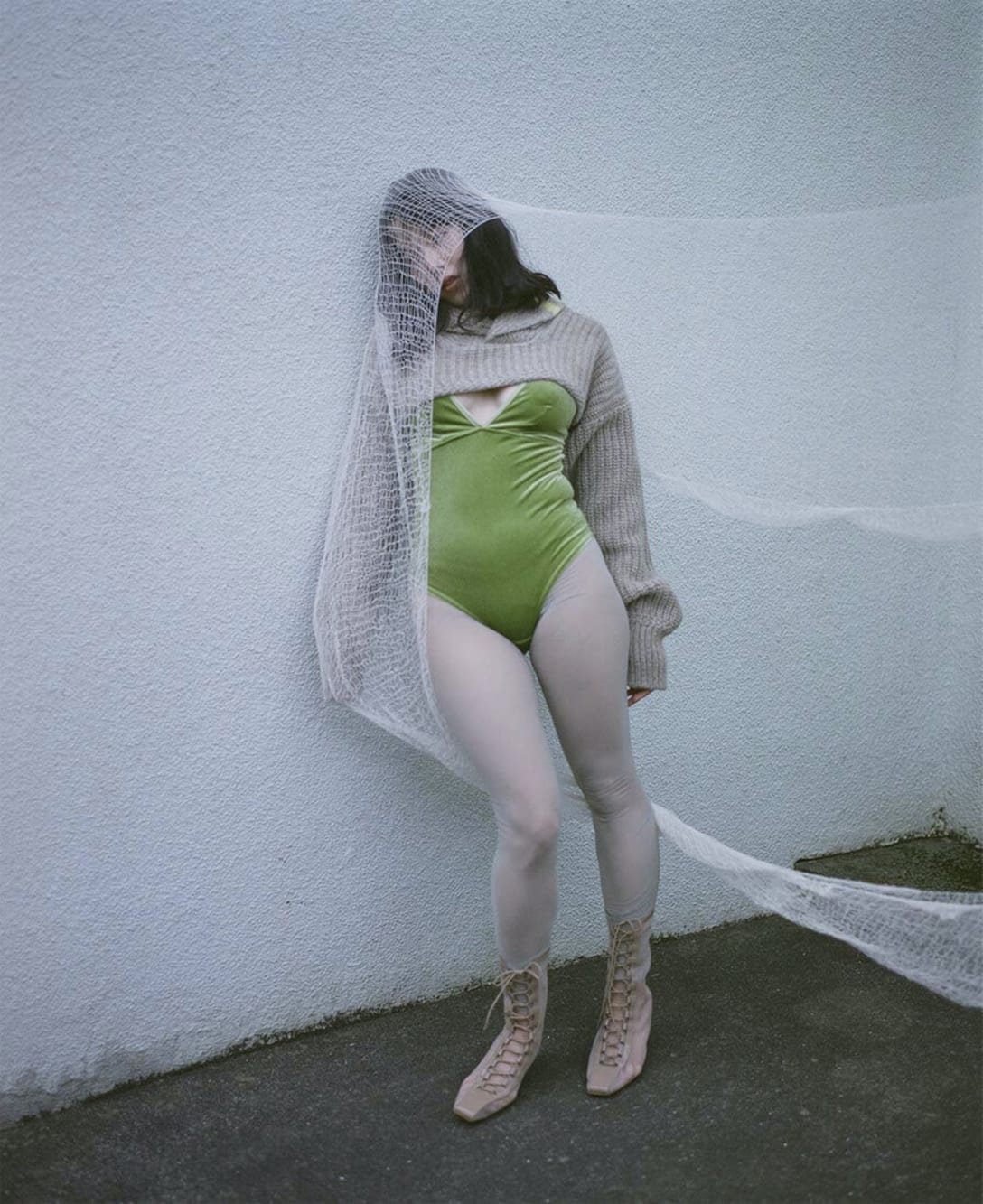 top by FUMIKA_UCHIDA, bodysuit and tights by SIMONE WILD, shoes by LOST IN ECHO, scarf by SATSUKI SAKAGAMI
