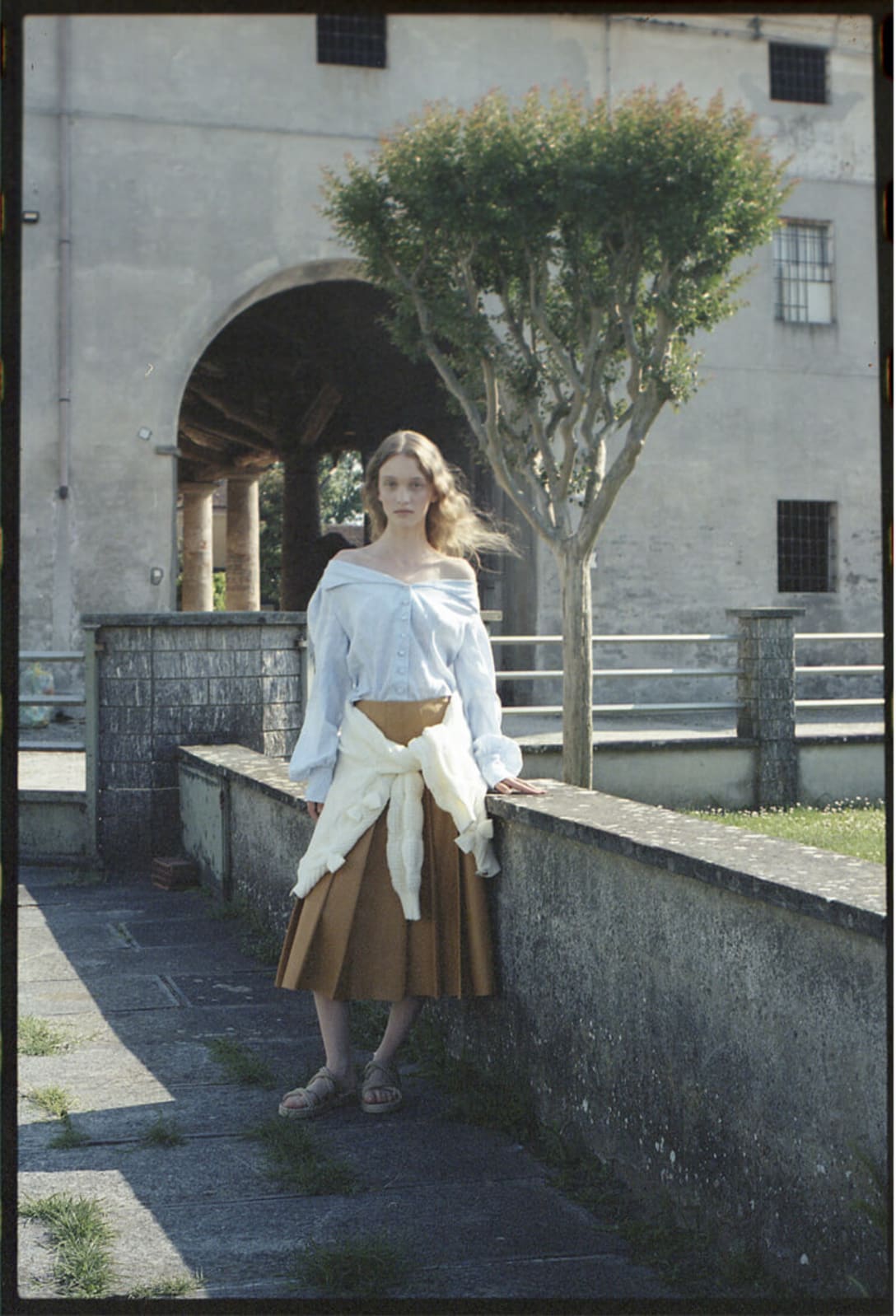 shirt by DAIZY SHELY, skirt by LORO PIANA, jacket wrapped around the waist by ODI ODI