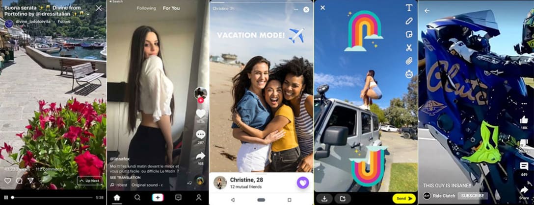 異なるプラットフォームが提供するショート動画: 左から Instagram, TickTok, Facebook Story, Snap, YouTube