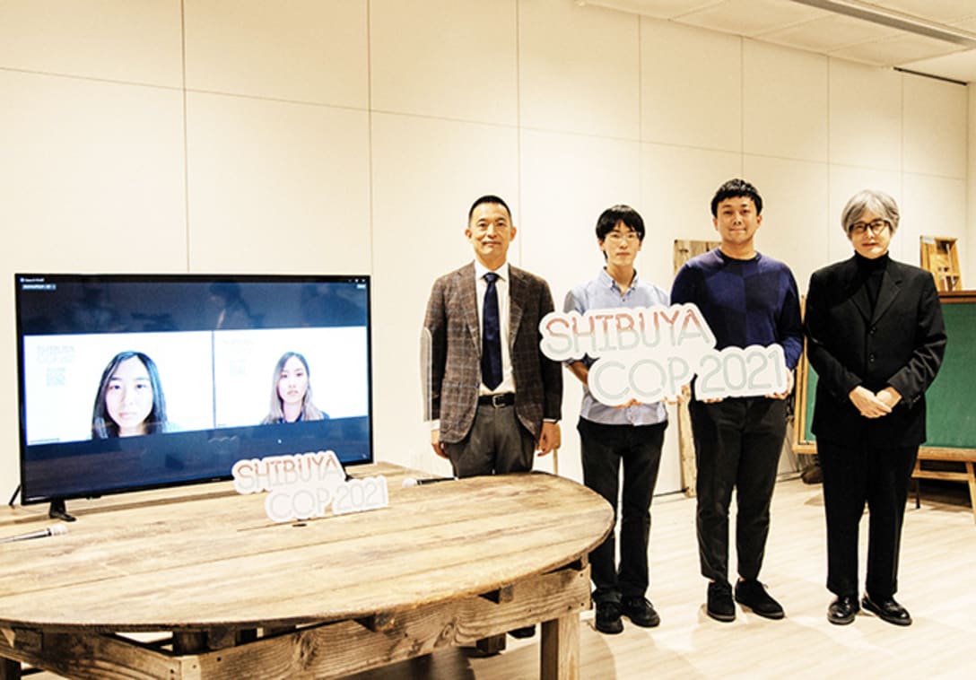 渋谷COP開催に先立ってオンライン行われた記者会見。左から、一般社団法人SWiTCH代表理事の佐座マナさん、サステナブルアーティストのLEMIE.さん、渋谷区の長谷部区長、東京大学農学生命科学研究科の鳥井要佑さん、微生物多様性を高める事業を行う株式会社BIOTA代表取締役の伊藤光平さん、株式会社パルコの泉水常務。