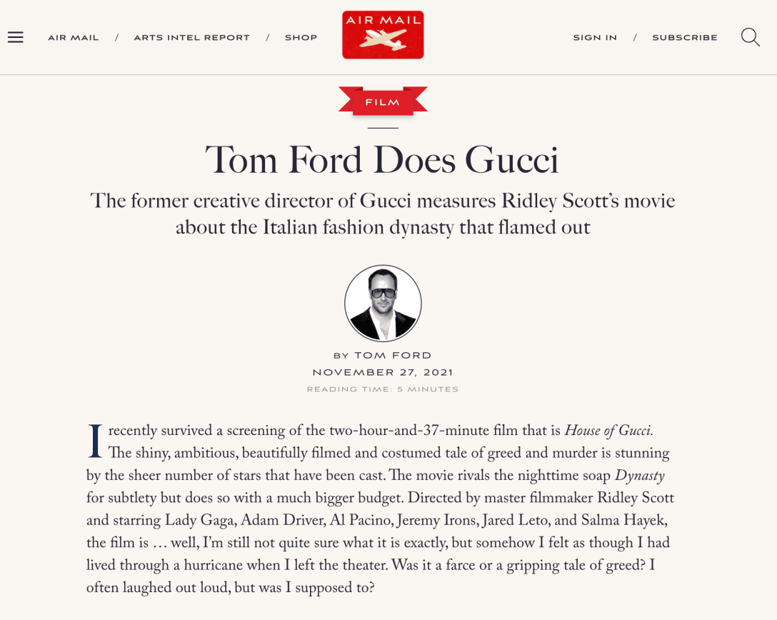 米「AIR MAIL」に寄稿されたトム・フォードによる批評文