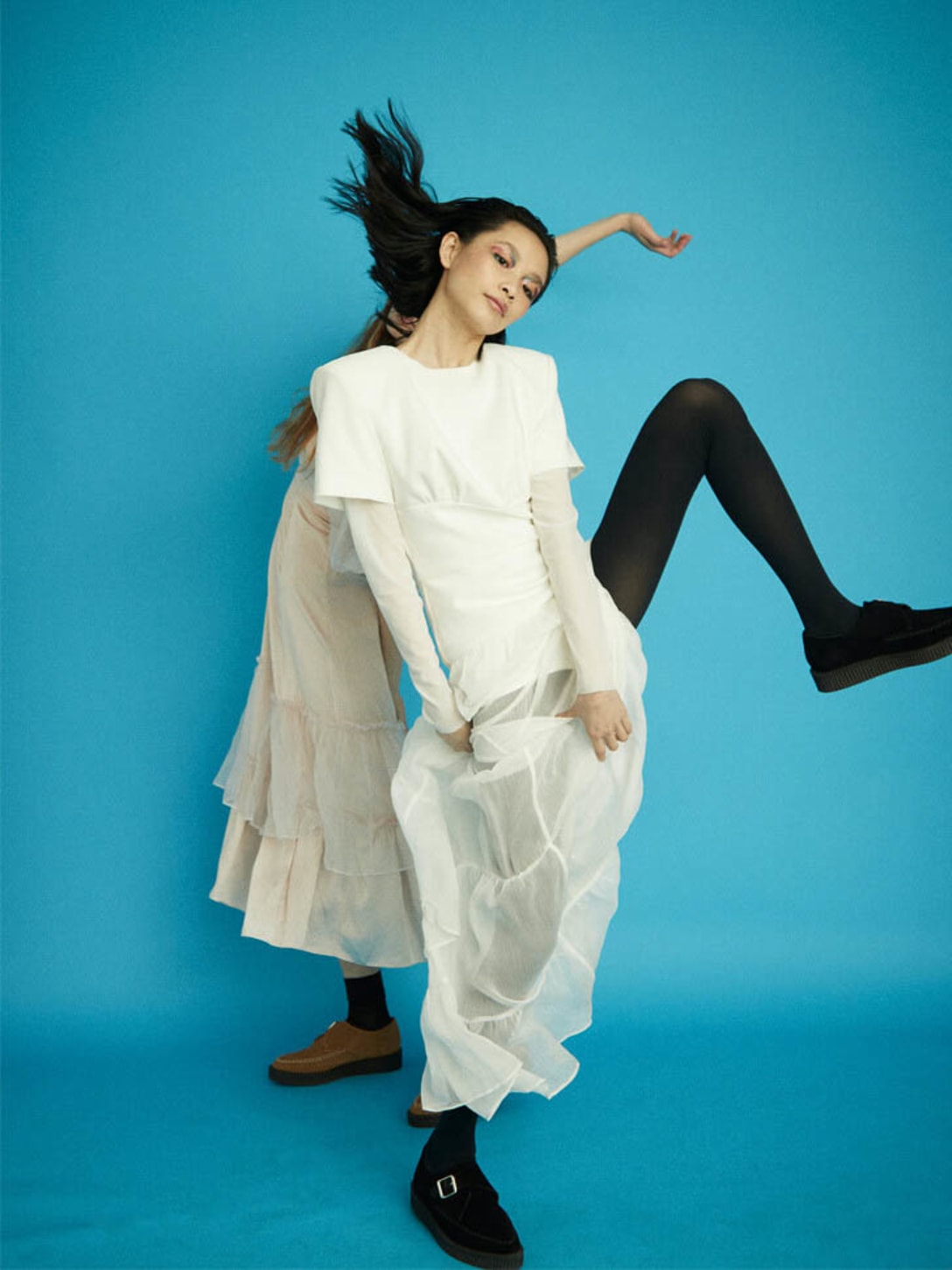 left - dress by LISA, shoes by RE/DONE, socks stylist’s own right - dress by HASAN HEJAZI, shoes by RE/DONE, tights stylist’s own